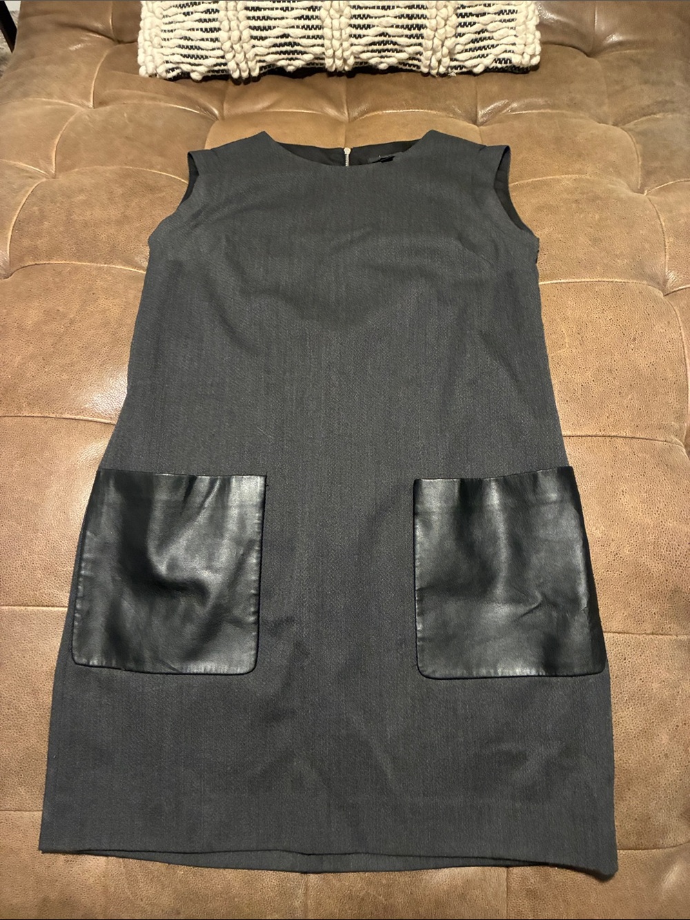 J. Crew Dark Gray Sleeveless Shift Dress with Black Faux Leather Pockets